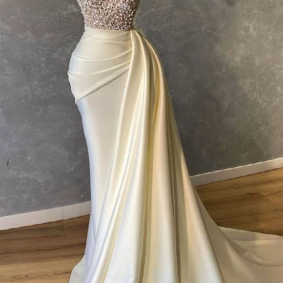 Cream and Gold Strapless Asymmetrical Gown